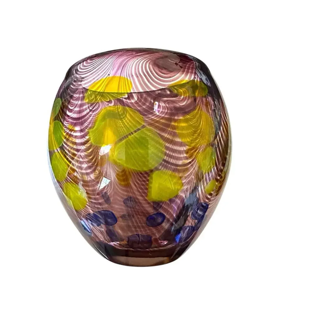 Heavy Handmade Art Glass Vase Green Dots Purple Swirls & Yellow 7.5” x 7”
